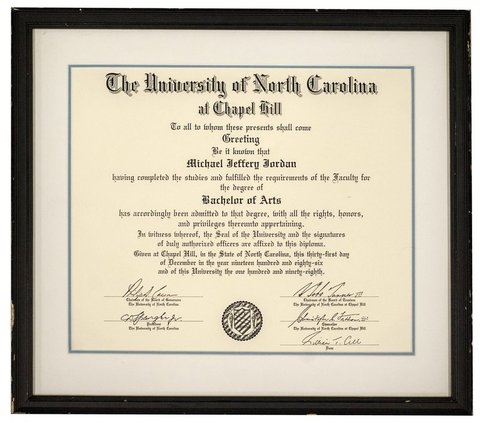 M.Jordano Šiaurės Karolinos universiteto diplomas